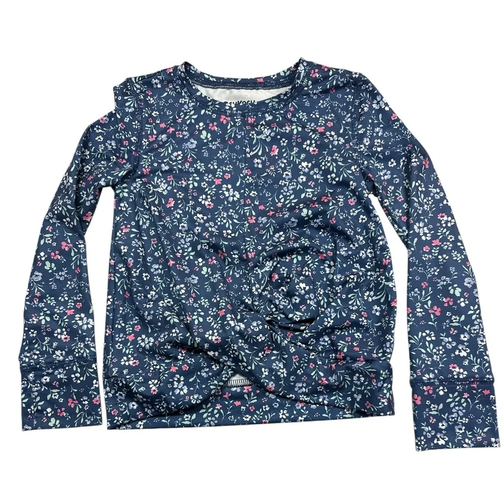 OshKosh b’Gosh Blue Ditsy Floral Rounded Neck Long-sleeve Crisscross Hem Top S4